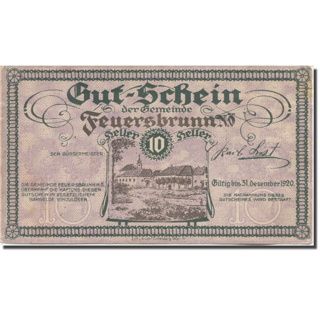 Banknote, Austria, Feuersbrunn, 10 Heller, village, 1920 EF(40-45) Mehl:FS 199