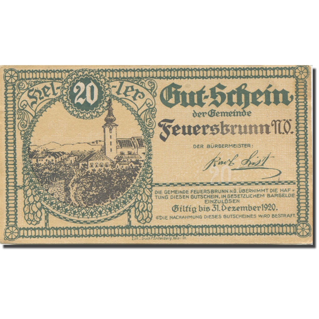 Banknote, Austria, Feuersbrunn, 20 Heller, Eglise, 1920 AU(55-58) Mehl:FS 199