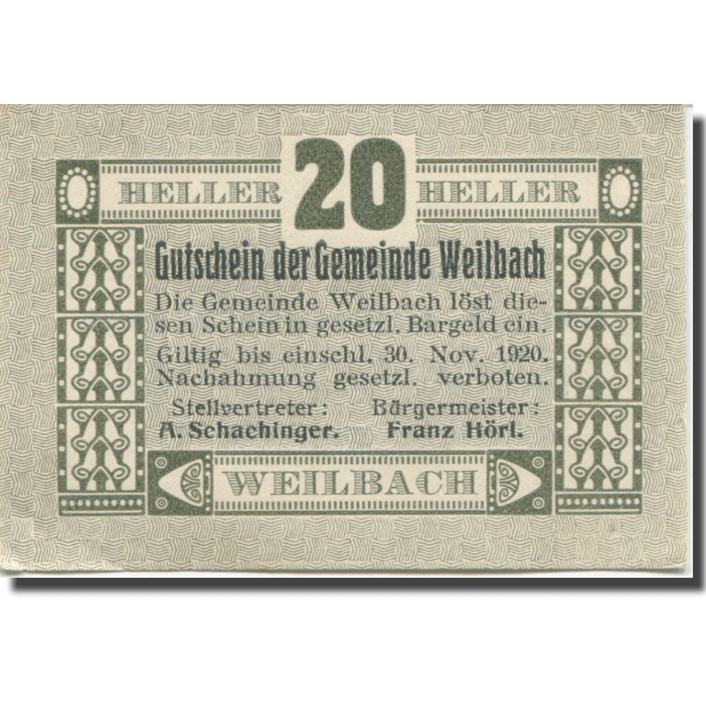 Banconote, Austria, Weilbach, 20 Heller, valeur faciale, 1920 SPL Mehl:FS 1148