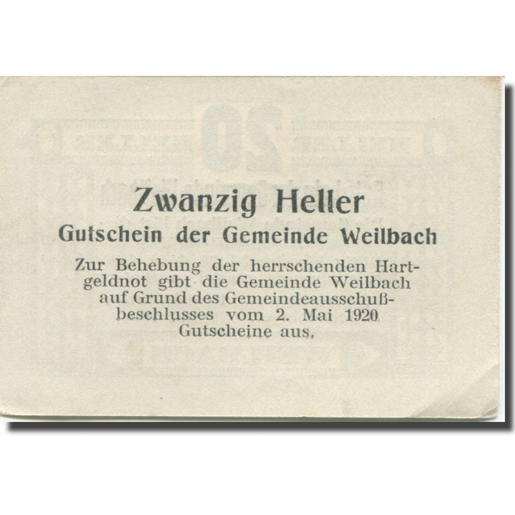 Banconote, Austria, Weilbach, 20 Heller, valeur faciale, 1920 SPL Mehl:FS 1148