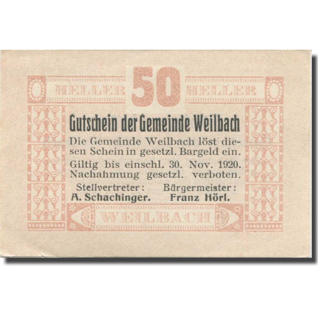 Banknote, Austria, Weilbach, 50 Heller, face value, 1920 UNC(63) Mehl:FS 1148