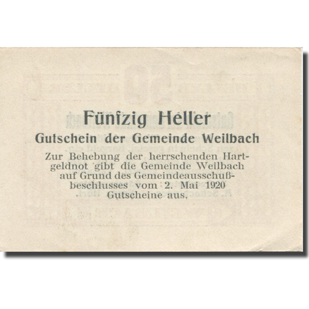 Banknote, Austria, Weilbach, 50 Heller, face value, 1920 UNC(63) Mehl:FS 1148