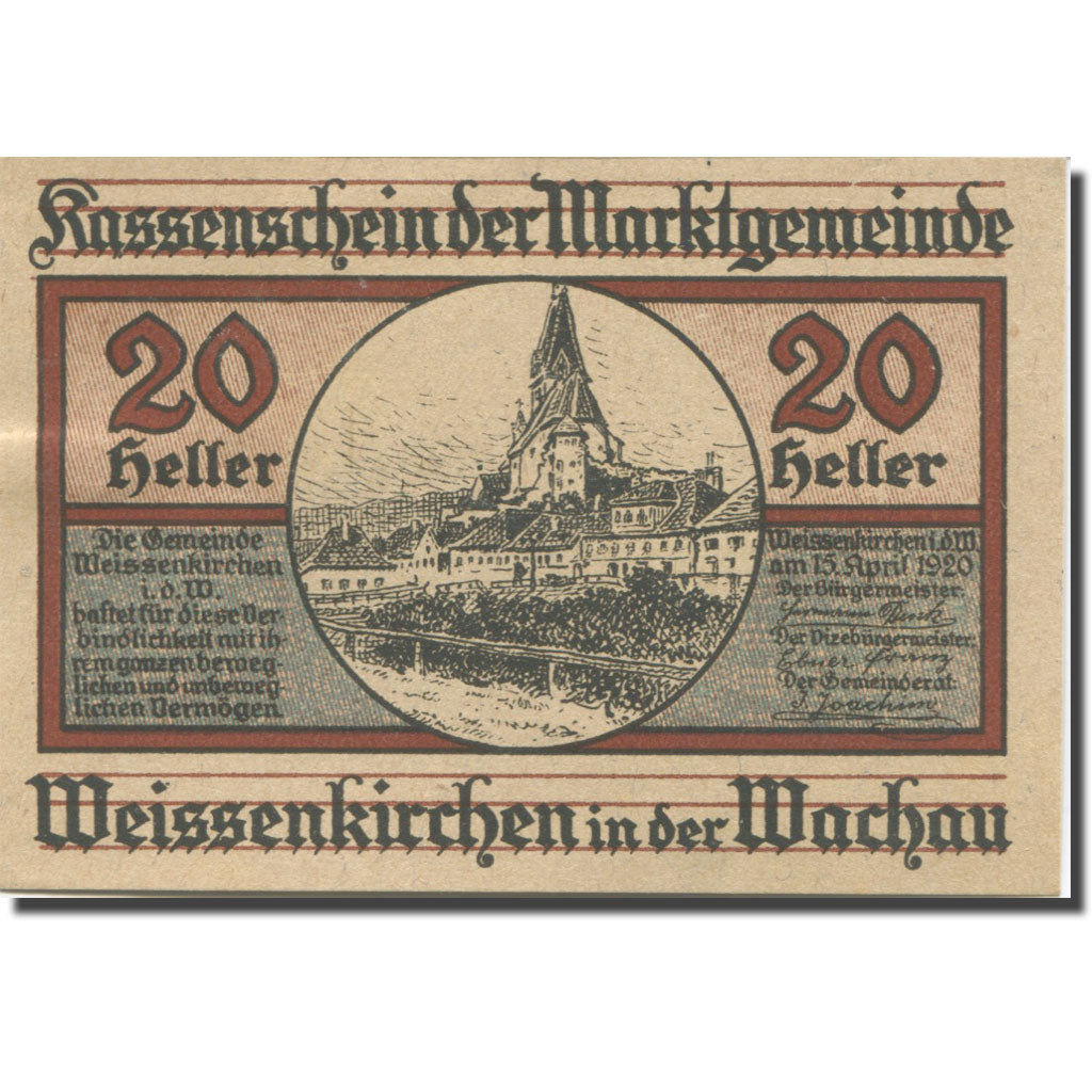 Banknote Austria Weissenkirchen, 20 Heller, Eglise, 1920 UNC(63) Mehl:FS 1158Ia