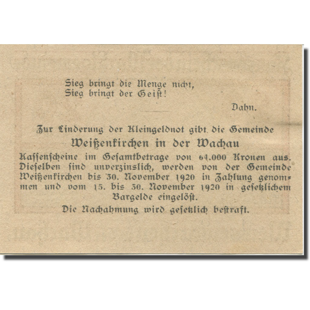 Banknote Austria Weissenkirchen, 20 Heller, Eglise, 1920 UNC(63) Mehl:FS 1158Ia