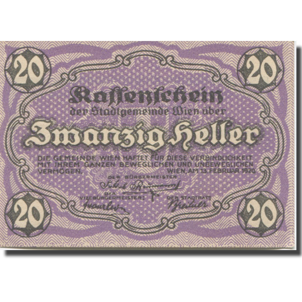 Banknote, Austria Vienne, 20 Heller, Blason 1920-12-31, UNC(63), Mehl:FS 1183IId