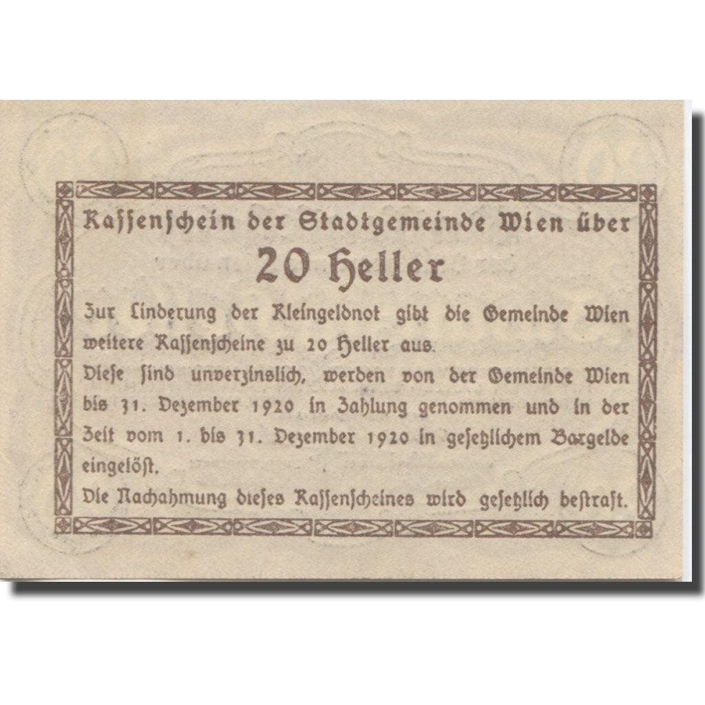 Banknote, Austria Vienne, 20 Heller, Blason 1920-12-31, UNC(63), Mehl:FS 1183IId
