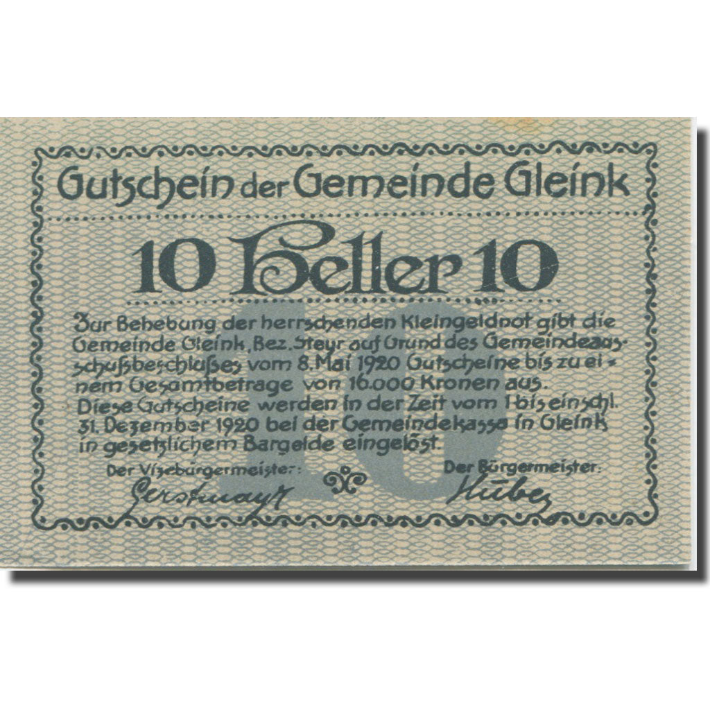 Banknote, Austria, Gleink, 10 Heller, village, 1920 UNC(65-70) Mehl:FS 237a