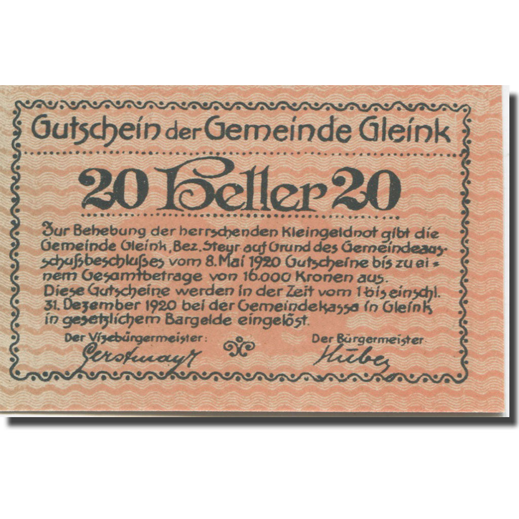Banknote, Austria, Gleink, 20 Heller, Eglise 1920-12-31, UNC(63), Mehl:FS 237a