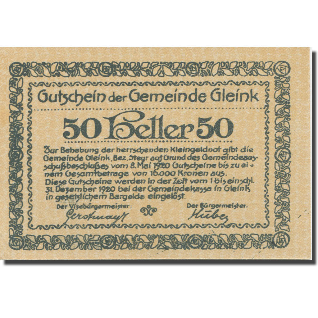 Geldschein Österreich Gleink, 50 Heller, monastère 1920-12-31, UNZ- Mehl:FS 237a
