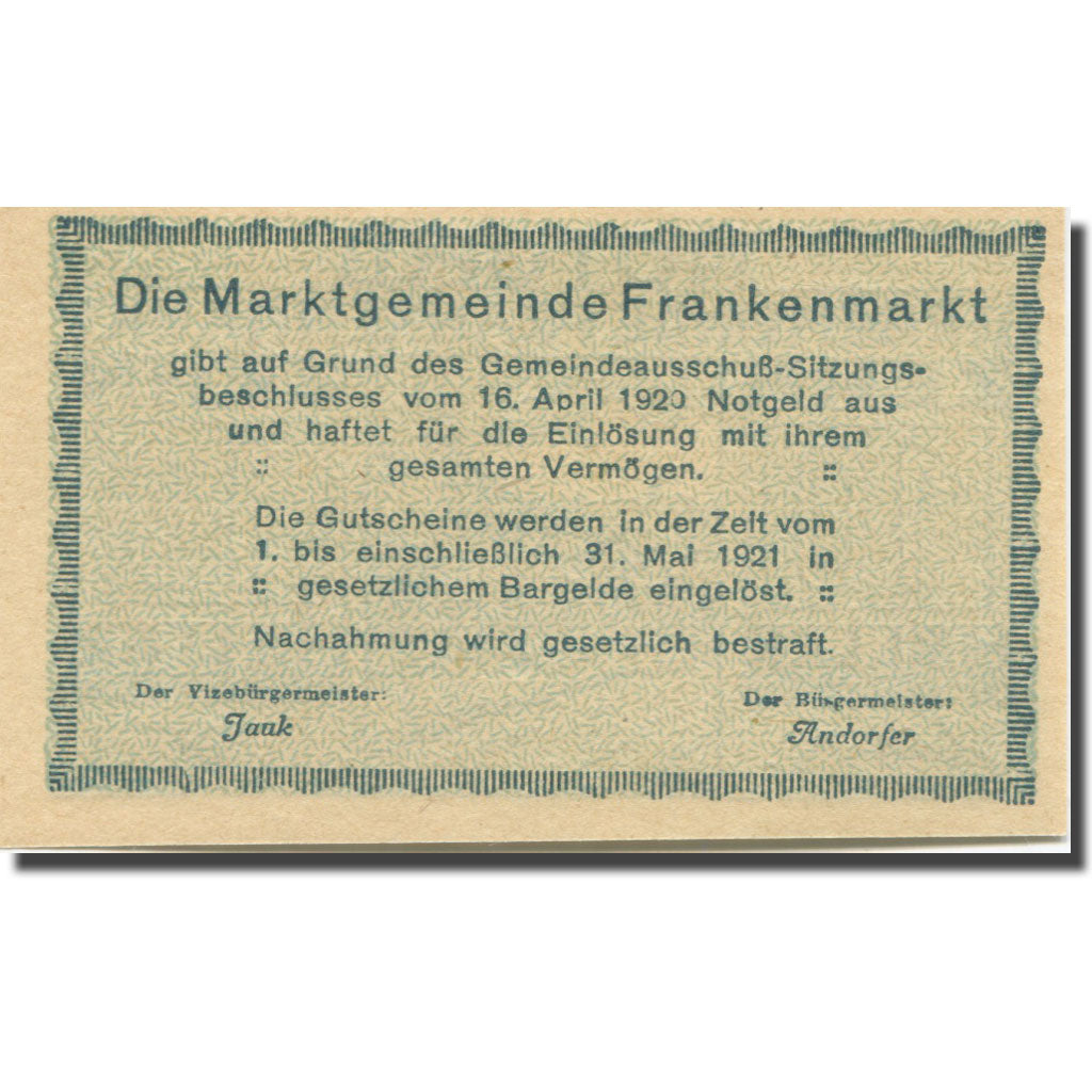 Banknote, Austria, Frankenmarkt, 10 Heller, rue, 1921 UNC(65-70) Mehl:FS 209a