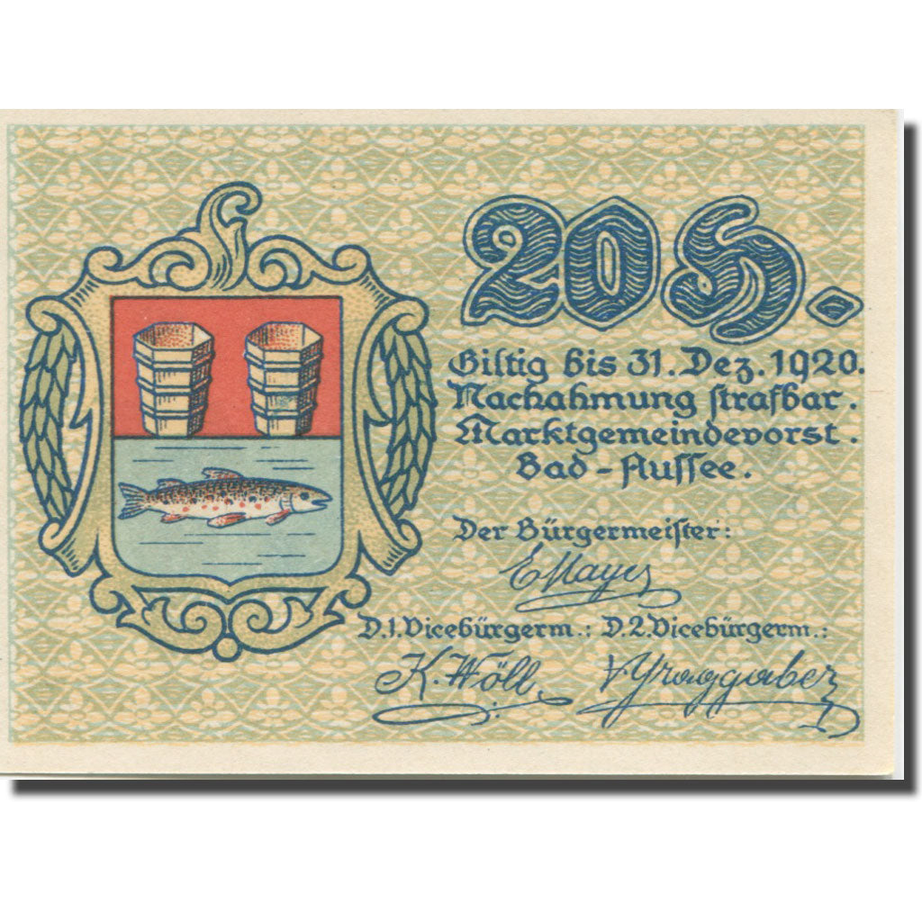 Banknote, Austria, Bad Aussee, 20 Heller, Blason, 1920 UNC(65-70) Mehl:FS 73