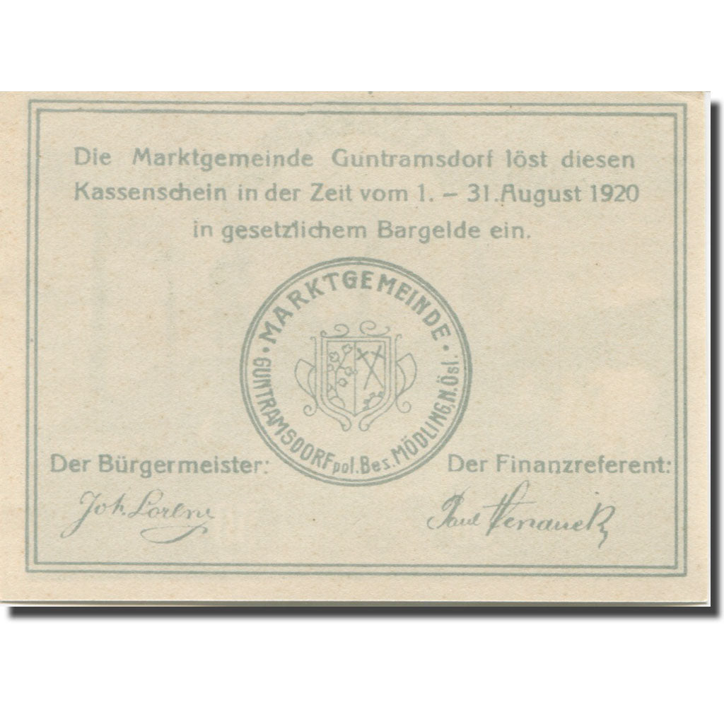 Banknote, Austria, Guntramsdorf, 50 Heller, Eglise, 1920 UNC(65-70) Mehl:FS 310e