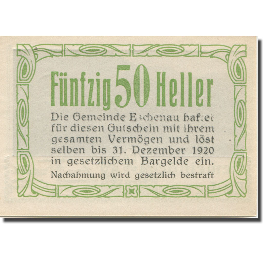 Banknote, Austria, Eschenau, 50 Heller, paysage, 1920 UNC(65-70) Mehl:FS 186c