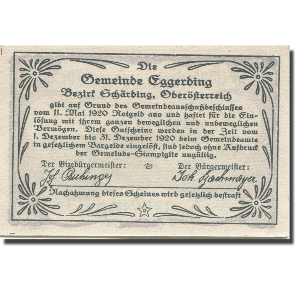 Billet, Autriche, Eggerding, 30 Heller, château 1920-12-31, SPL Mehl:FS 166c