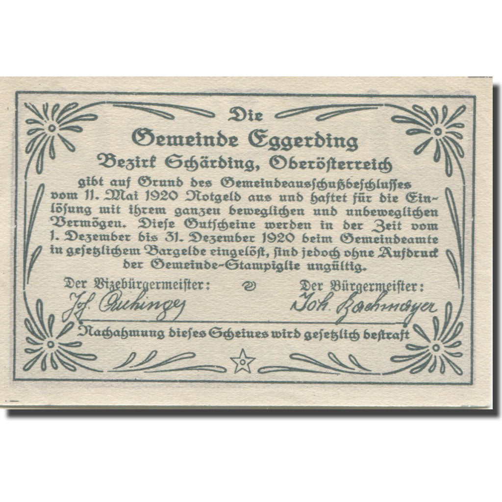 Billet, Autriche, Eggerding, 20 Heller, Eglise1920-12-31, SPL, Mehl:FS 166c