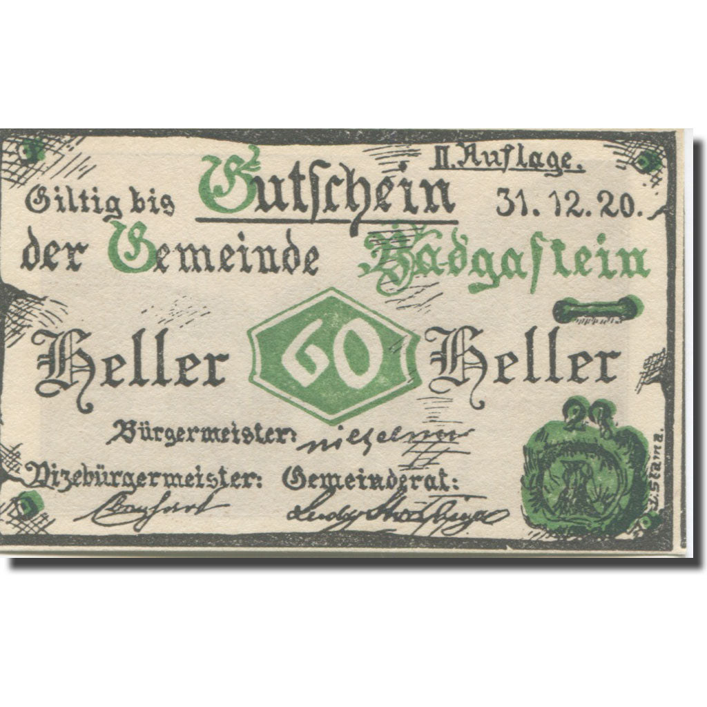 Billet, Autriche, Bad Gastein, 60 Heller, montagne 1920-12-31, SPL Mehl:FS 75IIa