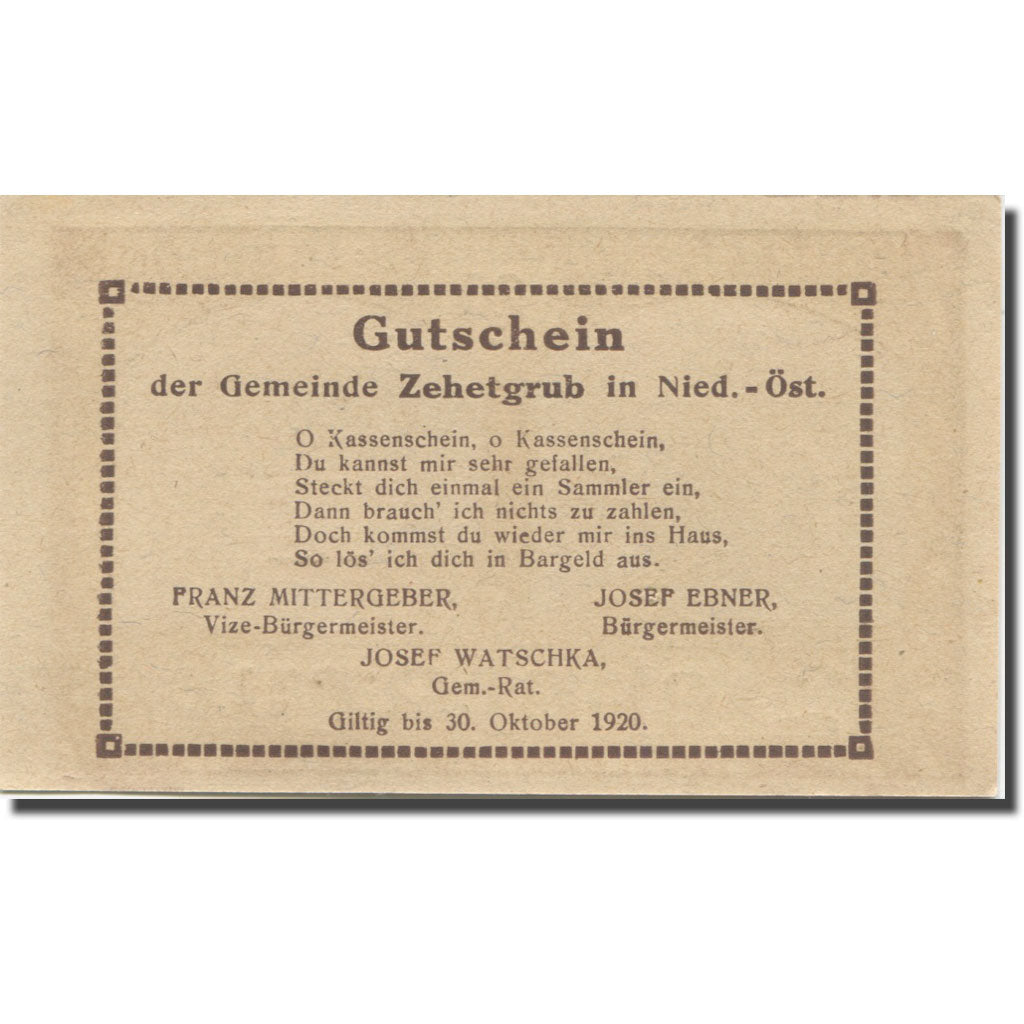 Banknote, Austria, Zehetgrub, 20 Heller, Maison, 1920 UNC(63) Mehl:FS 1262b