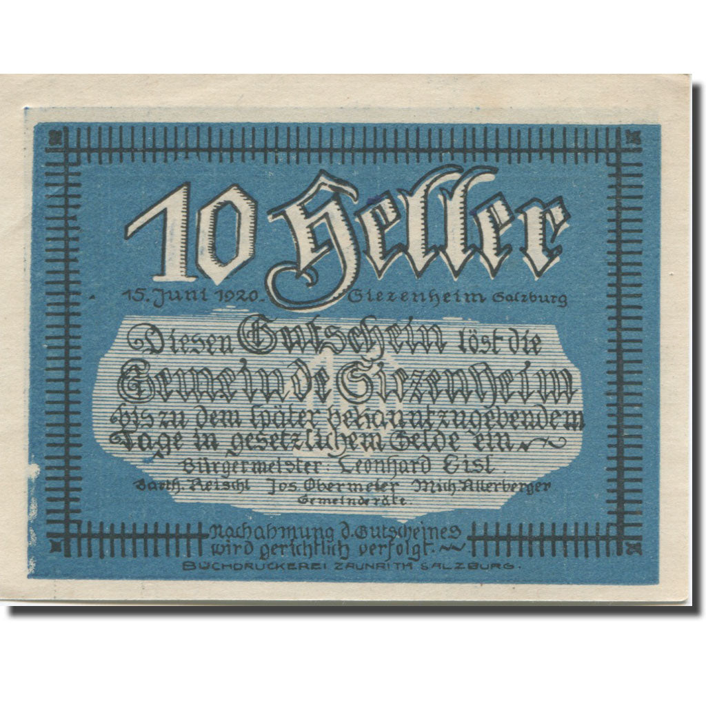 Banknote, Austria, Siezenheim, 10 Heller, montagne, 1920, UNC(63), Mehl:FS 996c1