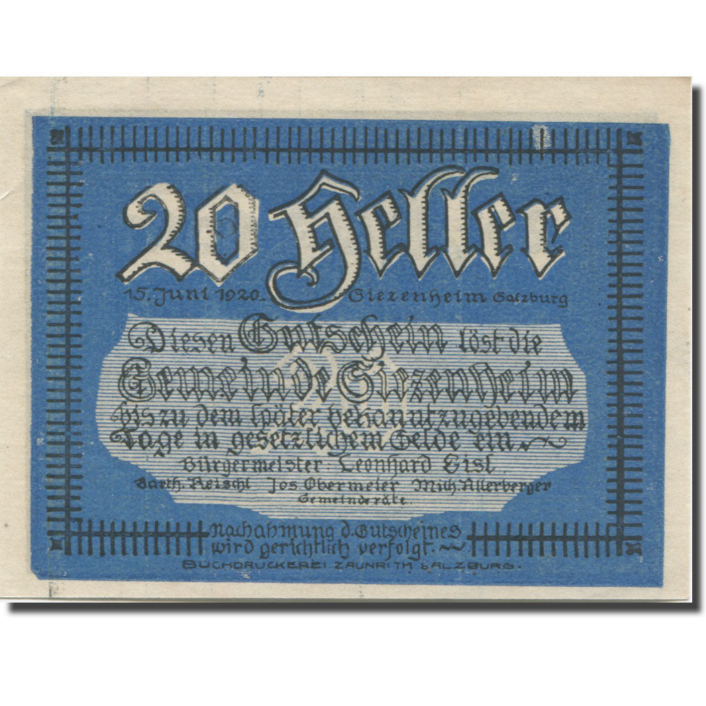 Banknote, Austria, Siezenheim, 20 Heller 1920, UNC(63), Mehl:FS 996c1
