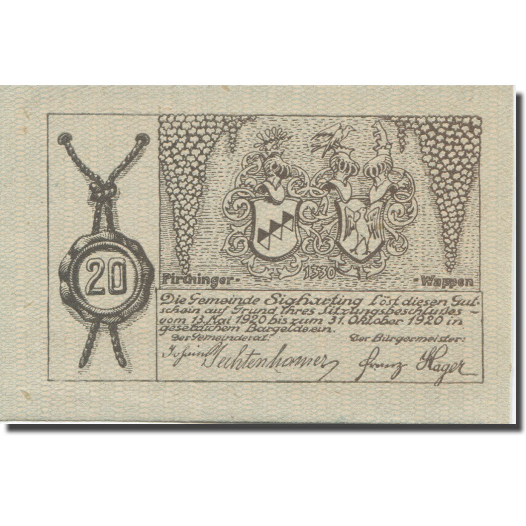 Banknote, Austria, Sigharting, 20 Heller, château, 1920, UNC(63), Mehl:FS 997a