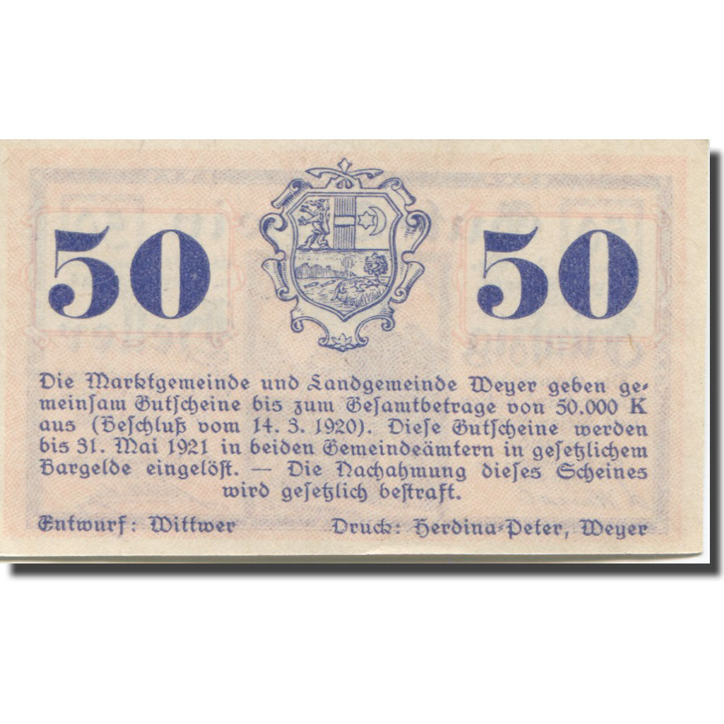 Banconote, Austria, Weyer, 50 Heller, Eglise, 1921-05-31, SPL, Mehl:FS 1175
