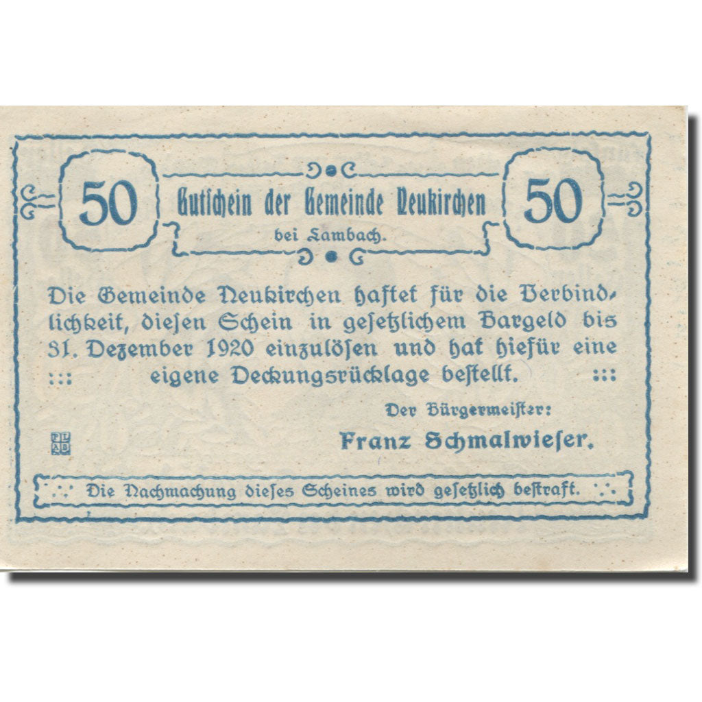 Banknote, Austria, Lambach, 50 Heller, personnage, 1920 UNC(63) Mehl:FS 658