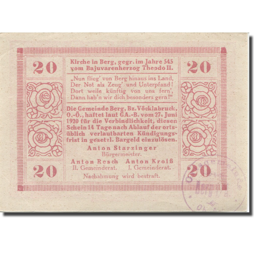 Banknote, Austria, Berg, 20 Heller, Eglise, 1920, UNC(63), Mehl:FS 81a