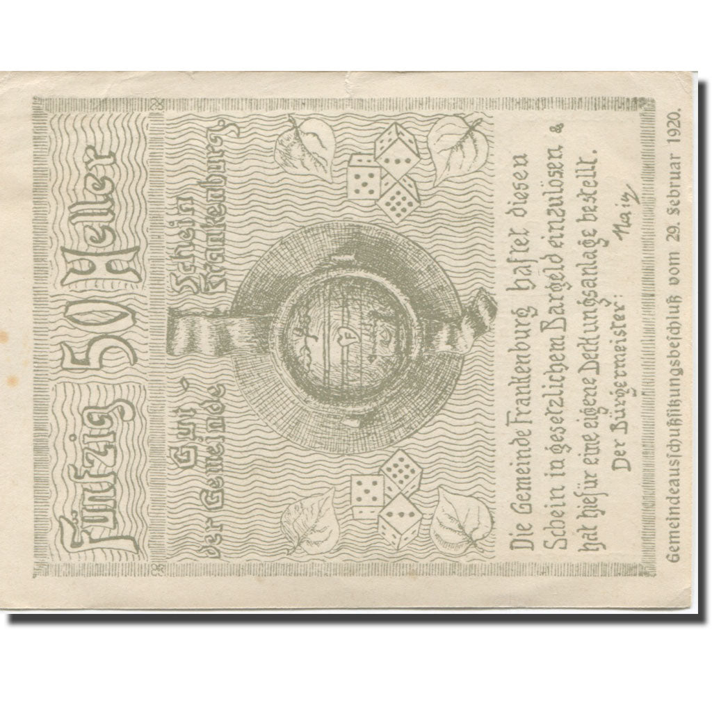 Banknote, Austria, Frankenburg, 50 Heller, Blason, 1920, AU(55-58) Mehl:FS 206Ib