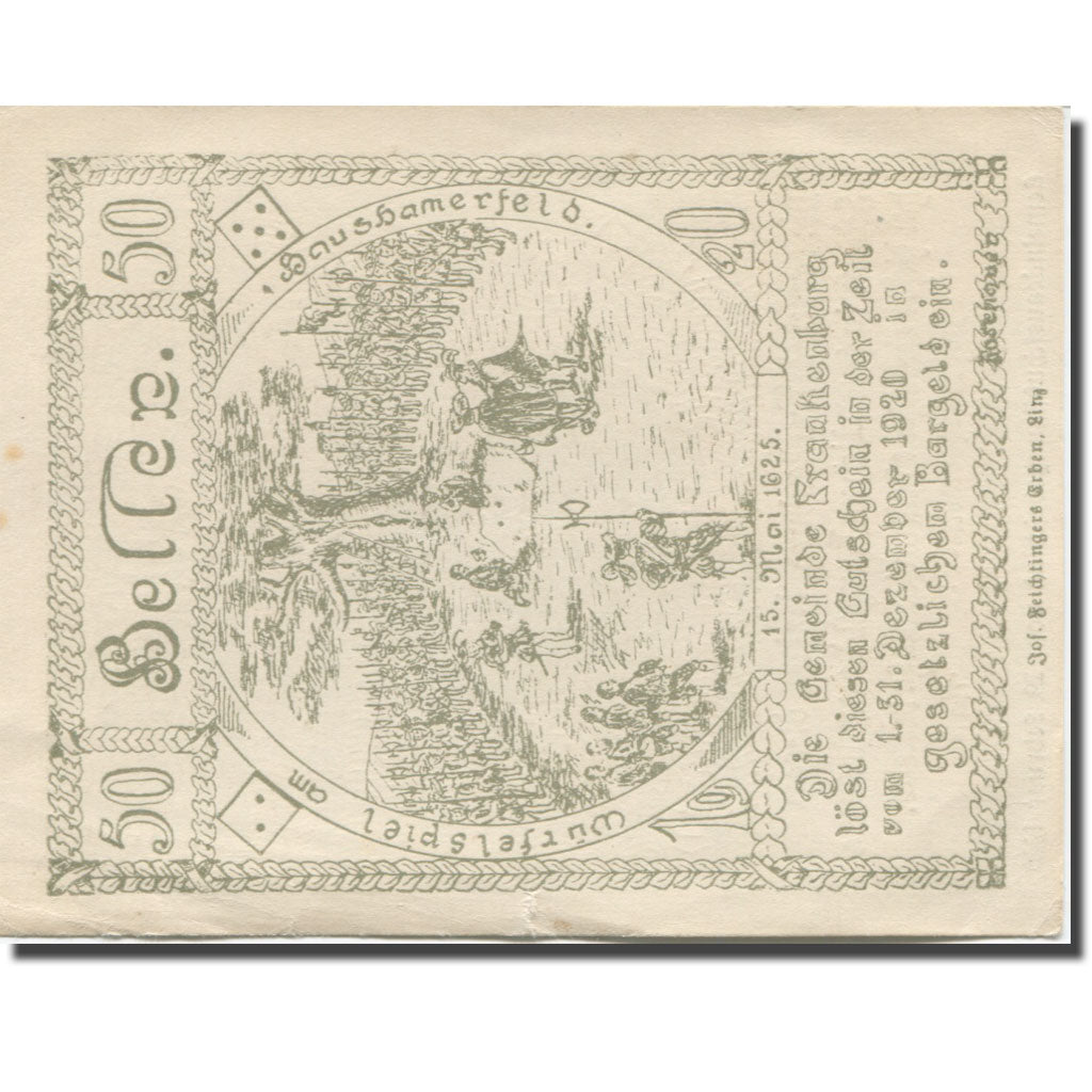 Banknote, Austria, Frankenburg, 50 Heller, Blason, 1920, AU(55-58) Mehl:FS 206Ib