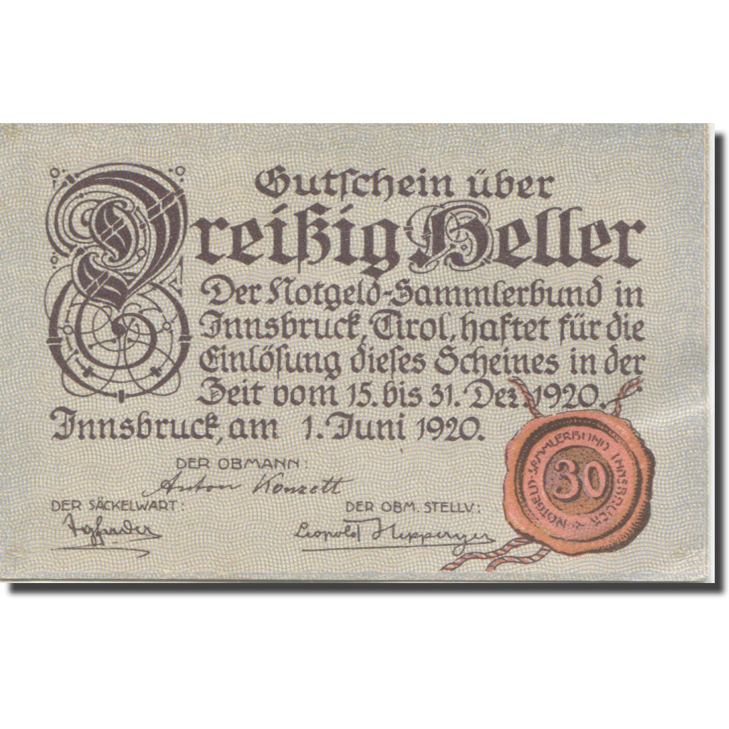 Billet, Autriche, Innsbruck, 30 Heller, rue 1, 1920-12-31, SPL Mehl:FS 412Ia
