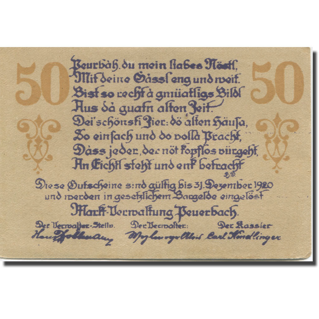 Banknote, Austria, Peuerbach, 50 Heller, Monument, 1920 UNC(63) Mehl:FS 742Ia