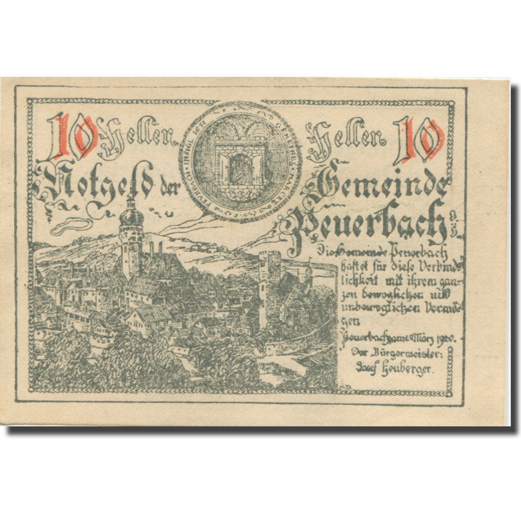 Banconote, Austria, Peuerbach, 10 Heller, village, 1920 SPL Mehl:FS 741Ia