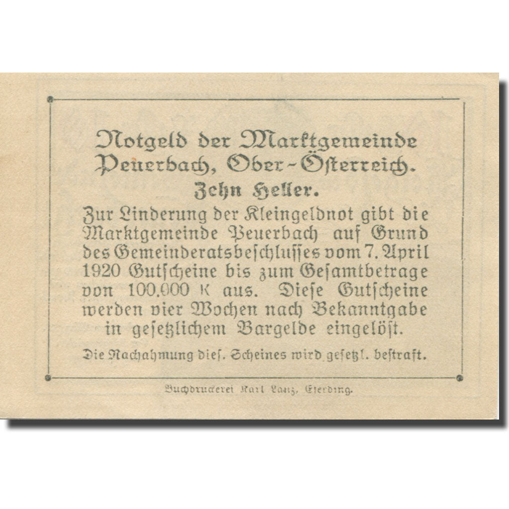Banconote, Austria, Peuerbach, 10 Heller, village, 1920 SPL Mehl:FS 741Ia