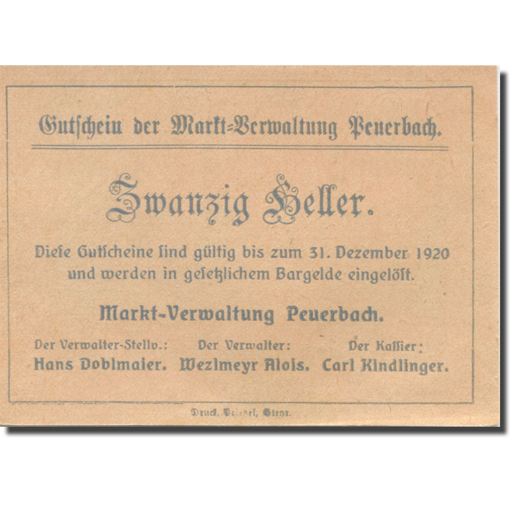 Banknote, Austria, Peuerbach, 20 Heller, village, 1920 UNC(63) Mehl:FS 742I