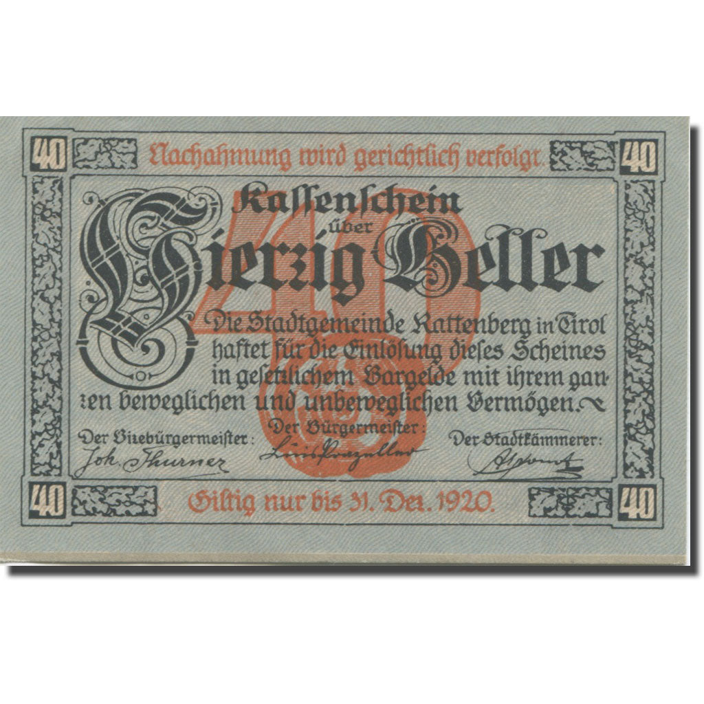 Banknote, Austria, Kattenberg, 40 Heller, Blason, 1920 UNC(63) Mehl:FS 412