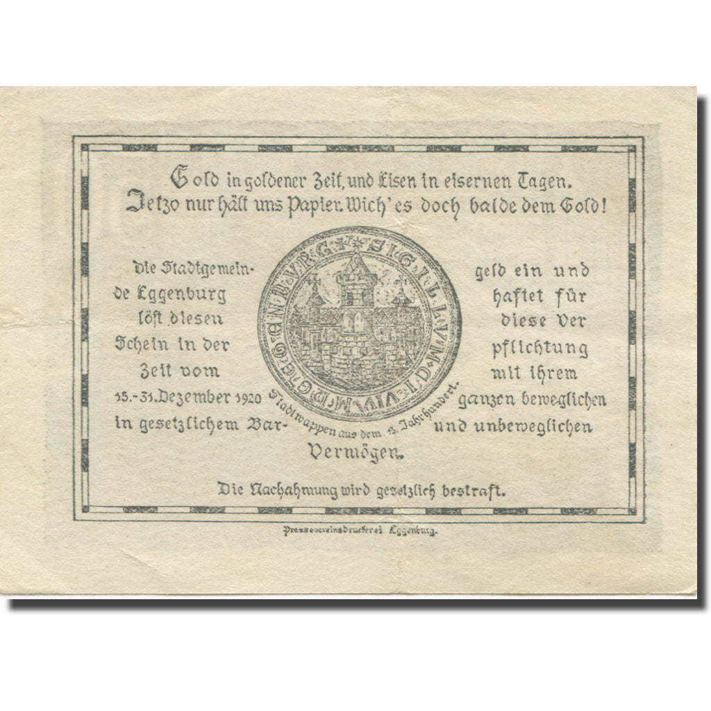 Banknote, Austria, Eggenburg, 50 Heller, château, 1920 UNC(63) Mehl:FS162a