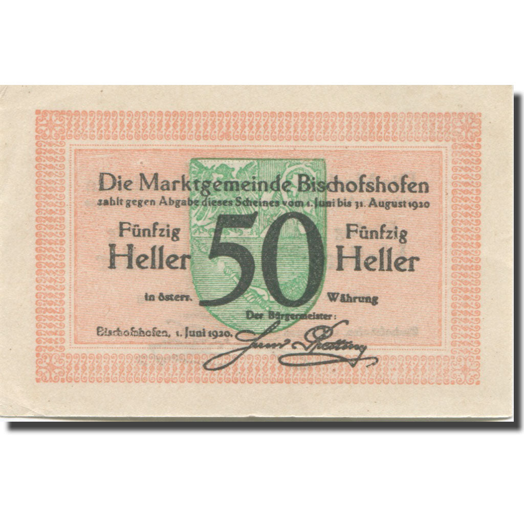 Banknote, Austria, Bischofshofen, 50 Heller, Blason, 1920 UNC(63) Mehl:FS 88a
