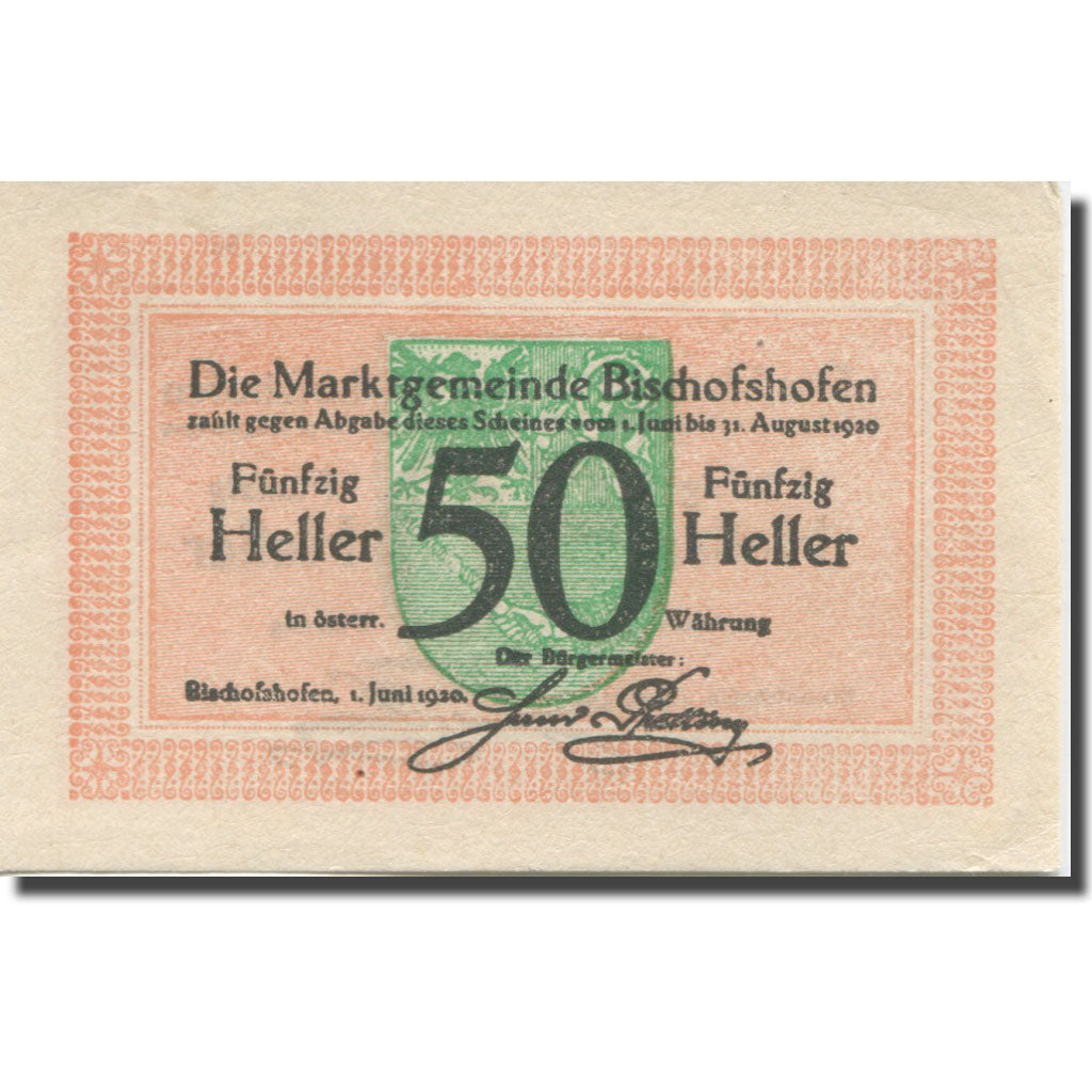 Banknote, Austria, Bischofshofen, 50 Heller, Blason, 1920 UNC(63) Mehl:FS 88a
