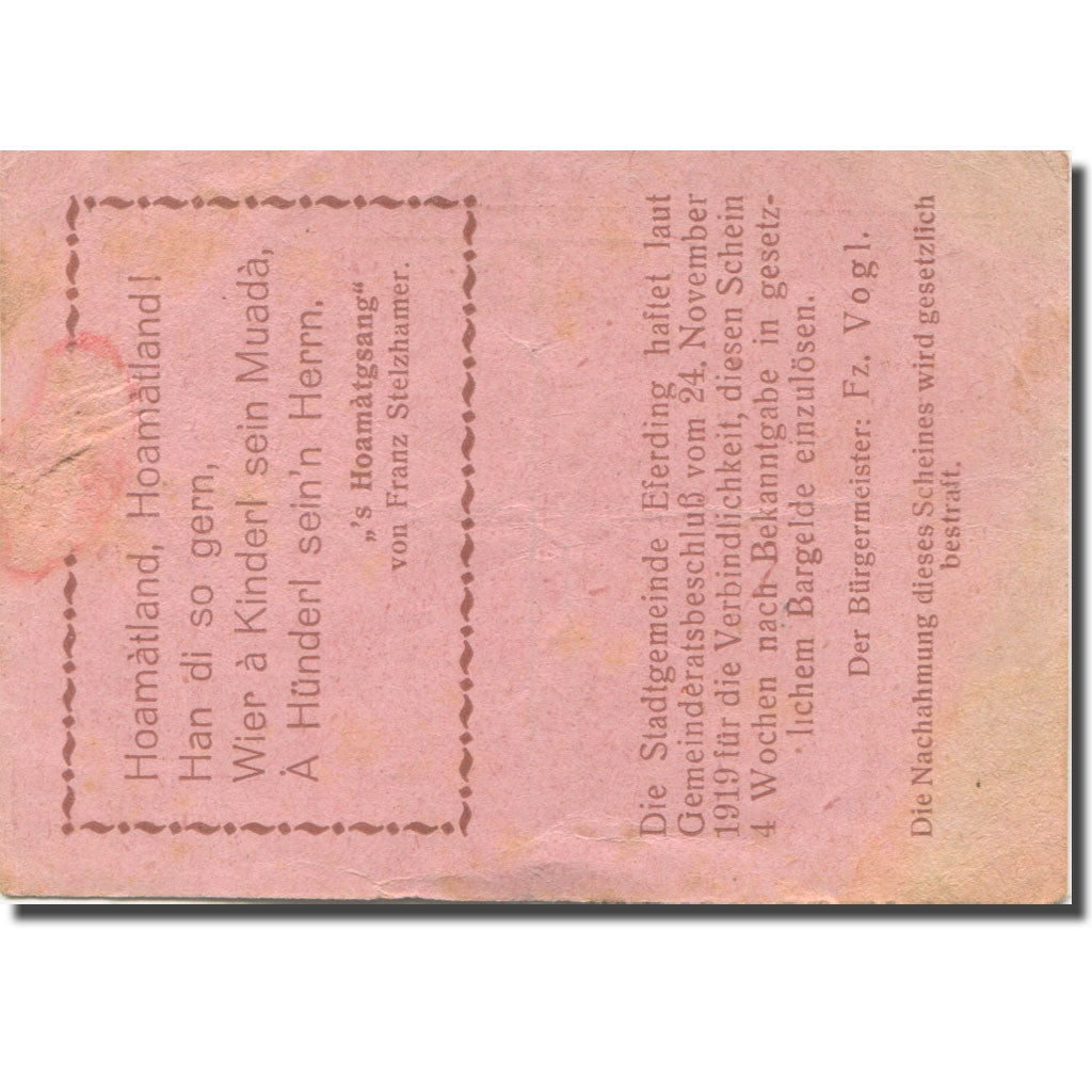 Banknote, Austria, Eferding, 10 Heller, mairie, 1919 EF(40-45) Mehl:FS 152I