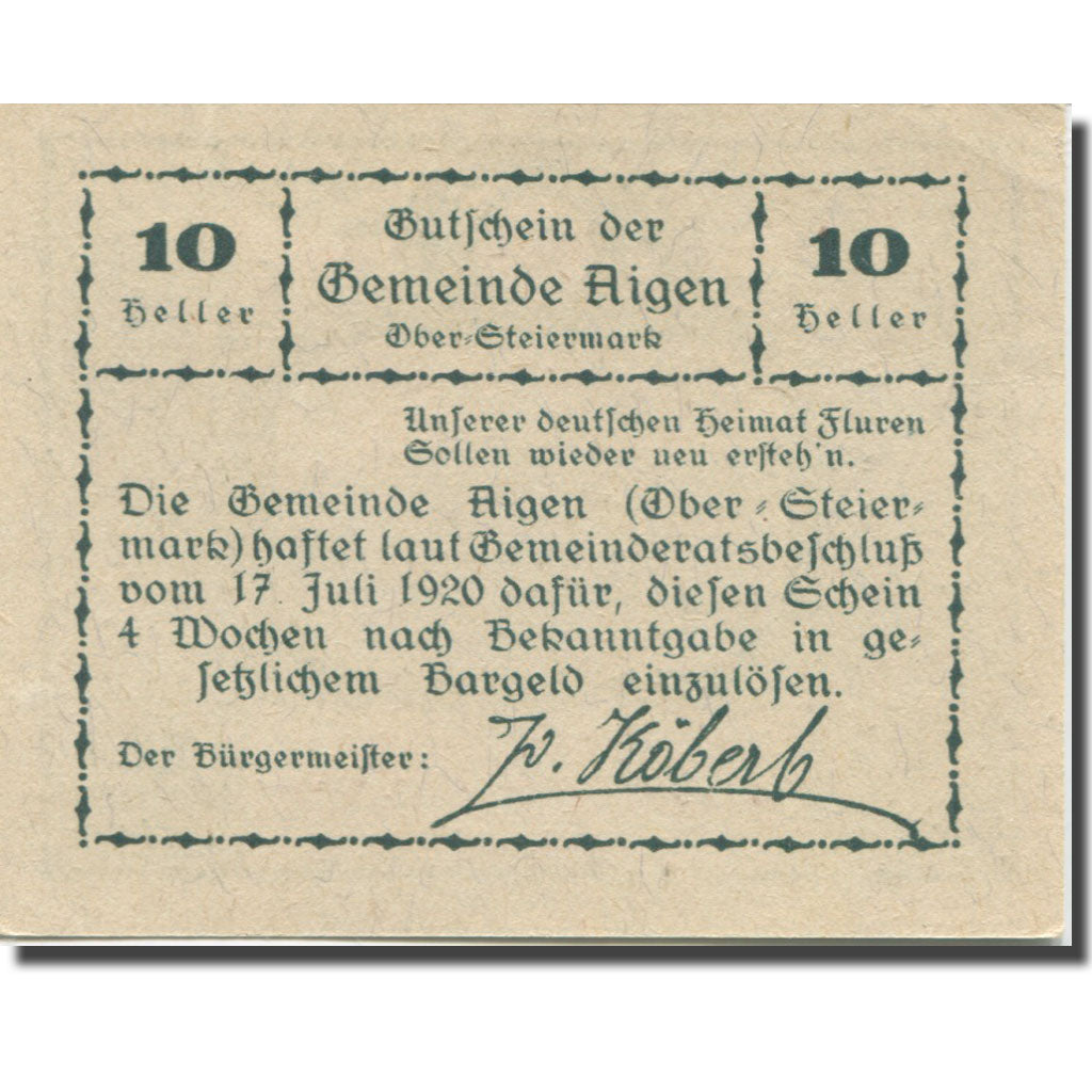 Banknote, Austria, Aigen, 10 Heller, lac, 1920, 1920-07-17, UNC(63), Mehl:FS 14a