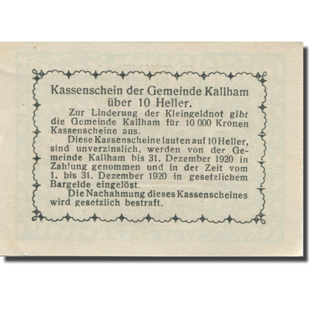 Banknote, Austria, Kallham, 10 Heller, Maison, 1920, UNC(63) Mehl:FS 422a