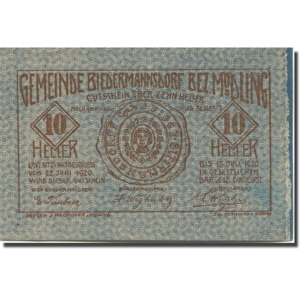 Banconote, Austria, Mödling, 10 Heller, Blason 1920-07-15, SPL, Mehl:FS 87a