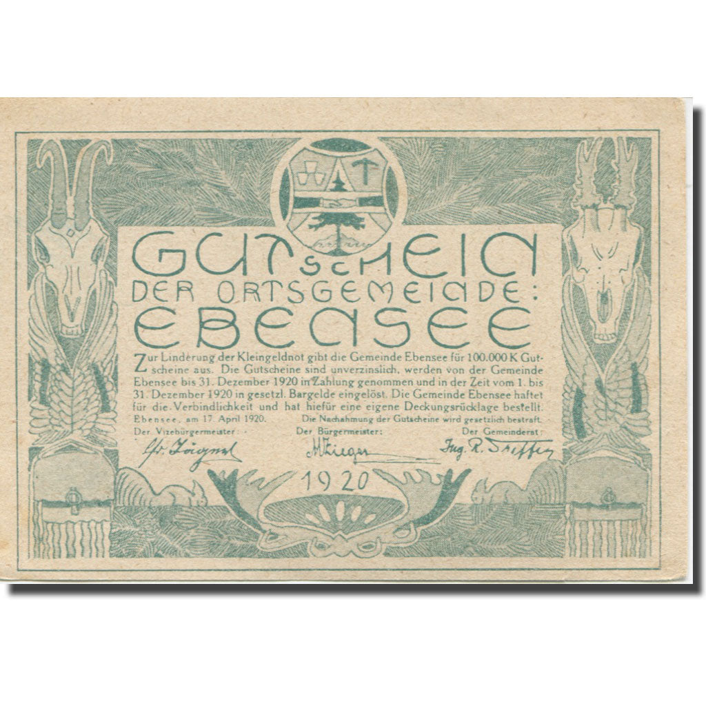 Banknote, Austria, Ebensee, 10 Heller, bateau, 1920 UNC(63) Mehl:FS 143