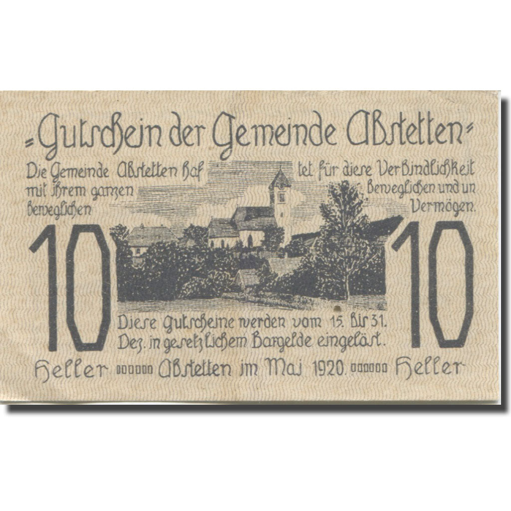 Banknote, Austria, Abstetten, 10 Heller, village, 1920 UNC(63) Mehl:FS 2a