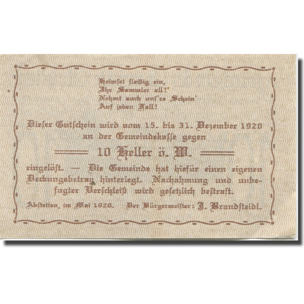 Banknote, Austria, Abstetten, 10 Heller, village, 1920 UNC(63) Mehl:FS 2a
