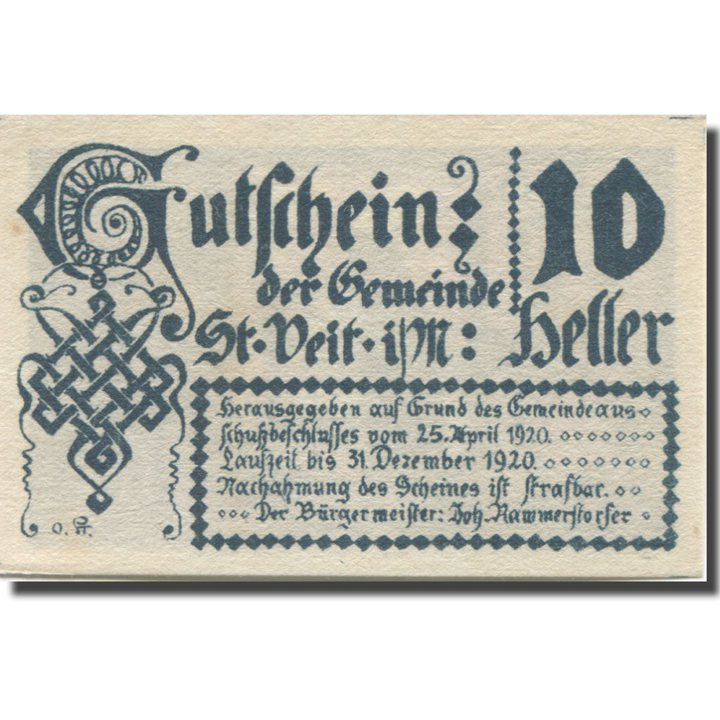 Banknote, Austria, St Veit, 10 Heller, château, 1920 UNC(63) Mehl:FS 944a