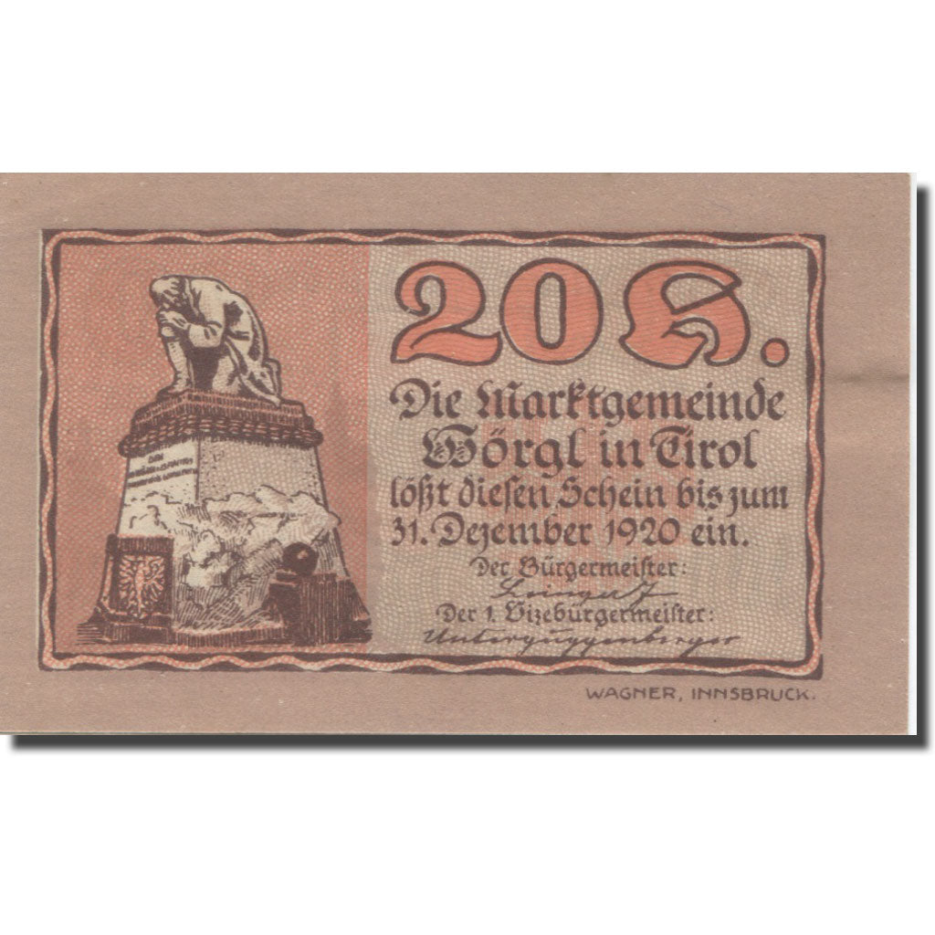 Banknote, Austria, Worgl, 20 Heller, Blason 1920-12-31, UNC(63), Mehl:FS 1252a