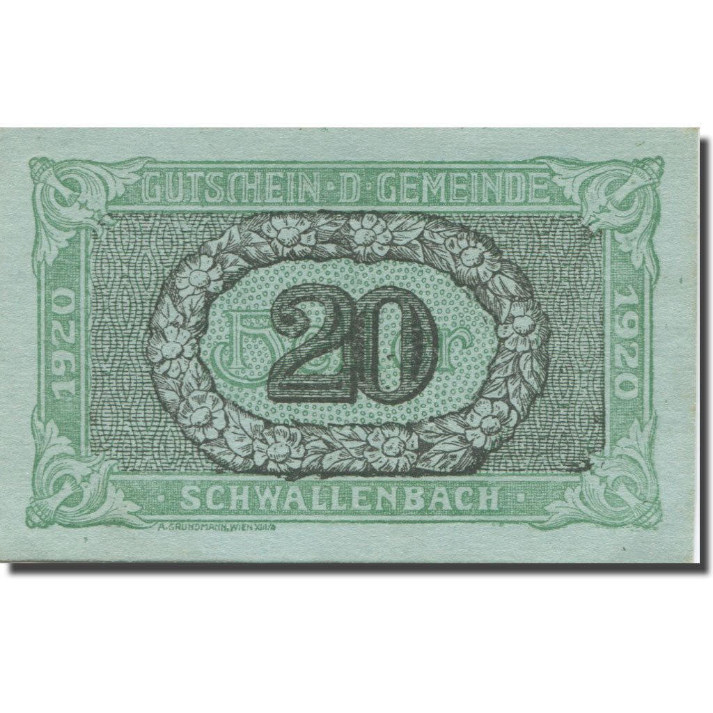Banknote, Austria, Schwallenbach, 20 Heller, Fleur, 1920 UNC(63) Mehl:FS 1122