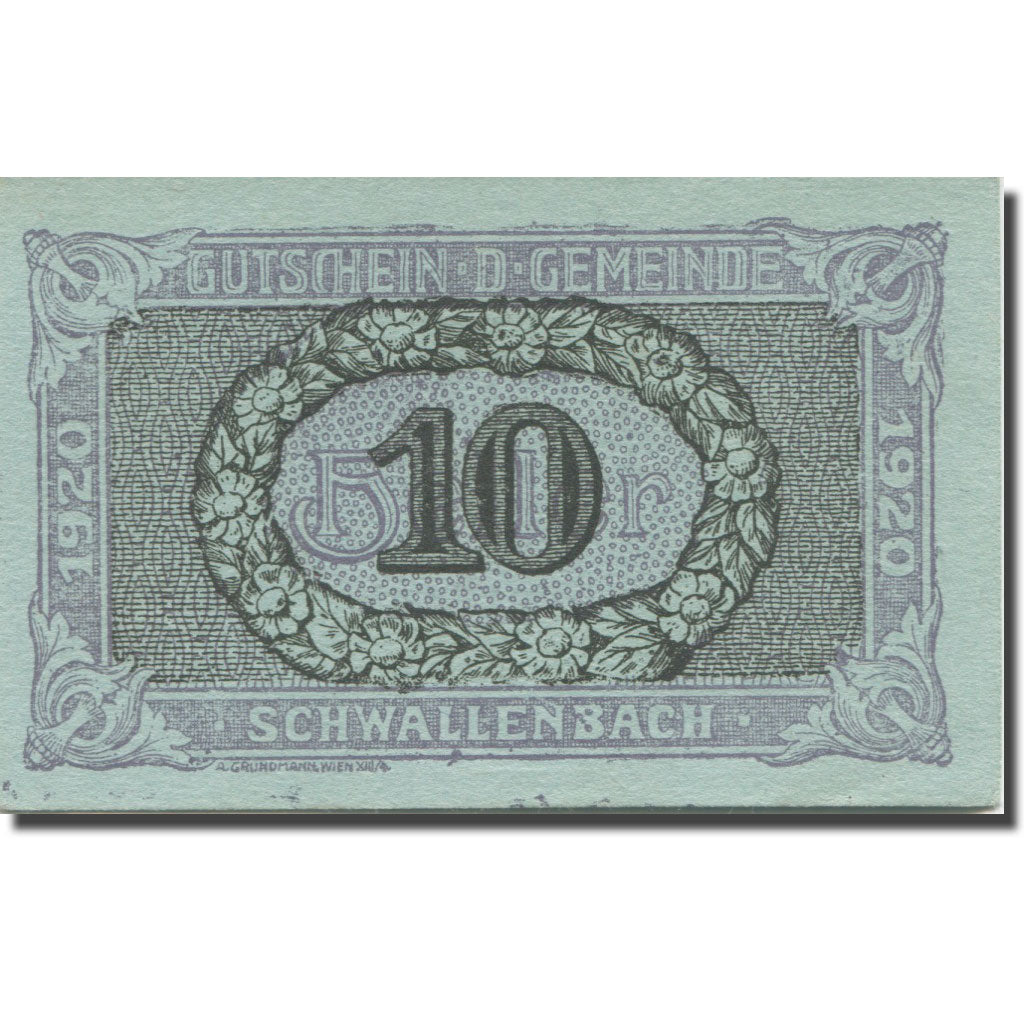 Banknote, Austria, Schwallenbach, 10 Heller, Couronne, 1920 UNC(63) Mehl:FS 1122
