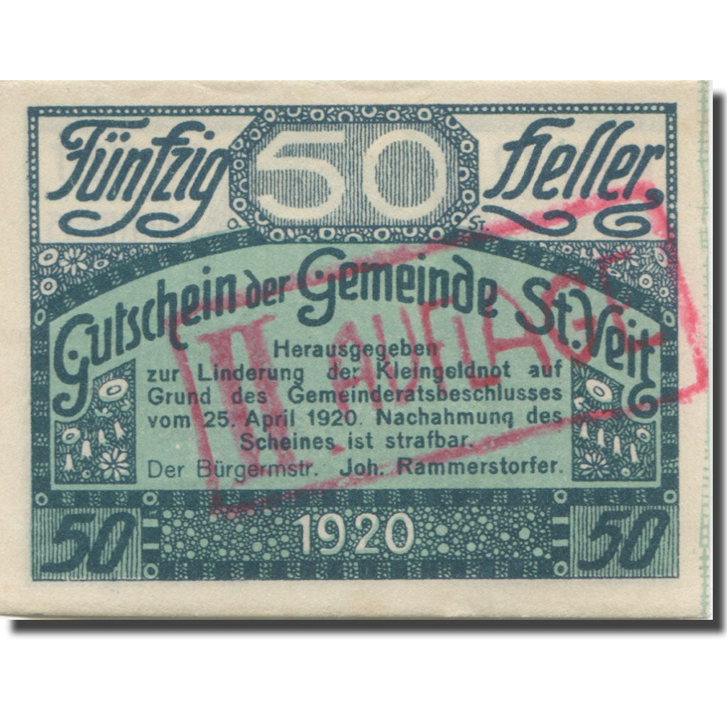 Banknote, Austria, St Veit, 50 Heller, paysage, 1920, UNC(63) Mehl:FS 944b